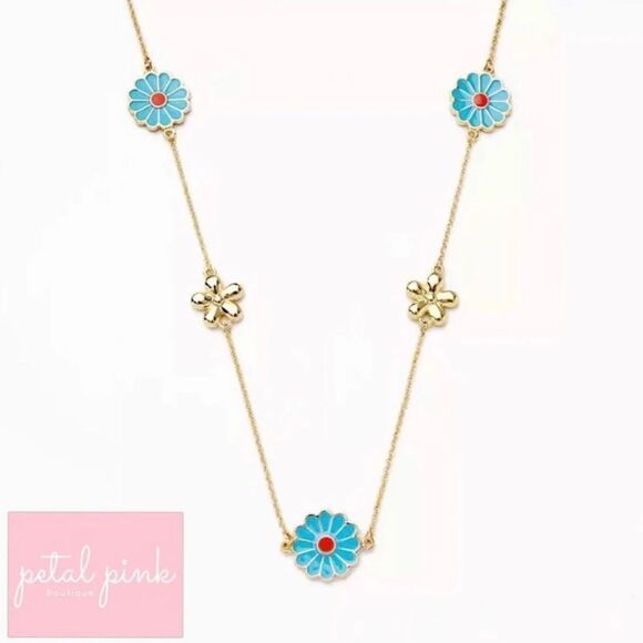 FABULOUS High-End Long Enamel Flower Necklace Blue Gold - Picture 1 of 7
